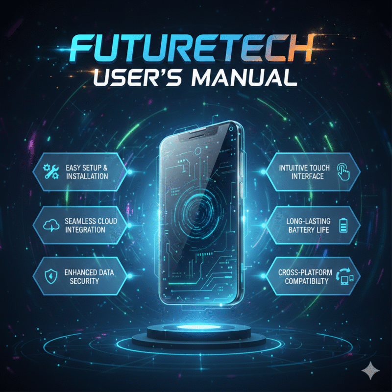 Animated user guide infographic with a central brand image, dynamic title on top, and key feature points displayed on sides.