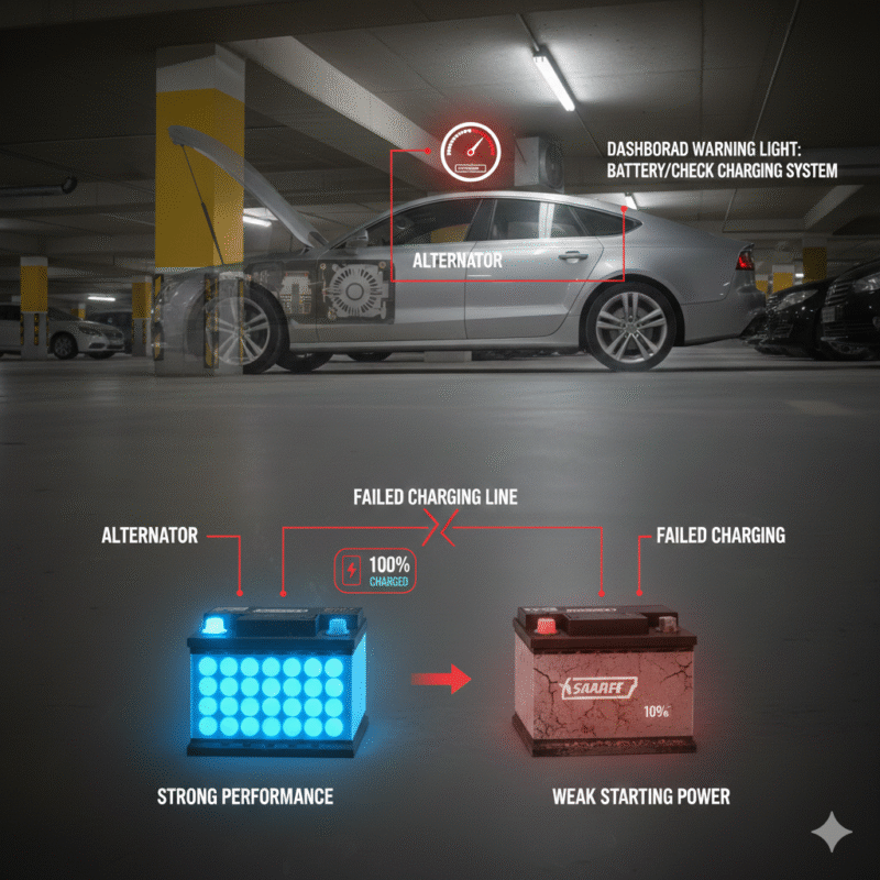 Alternator or Charging Fault Causing Dead Car Underground Diagram showing a car alternator malfunction preventing battery charging in underground parking.