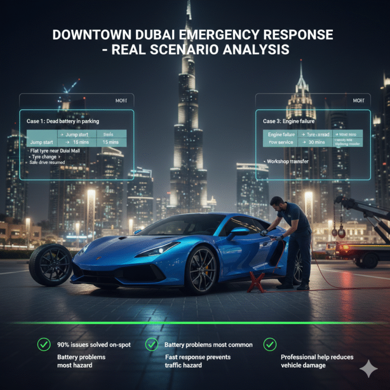 Case study infographic showing Downtown Dubai emergency roadside assistance with jump start, tyre replacement, and towing