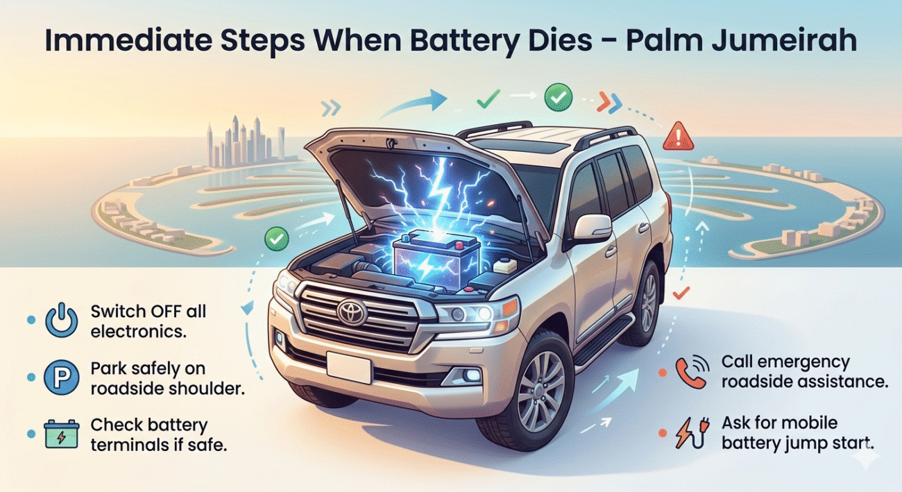 “Feature image showing immediate steps when a car battery dies on Palm Jumeirah, with animated vehicle in the center, title at top, and key steps displayed on sides in infographic style.”