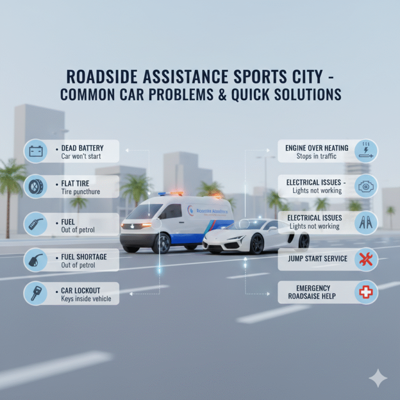 "Roadside Assistance Sports City infographic showing common car problems like dead battery, flat tire, fuel shortage, and engine issues with central emergency service vehicle illustration."
