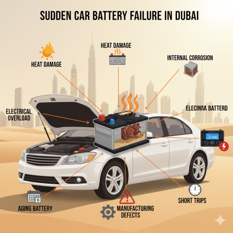 Infographic showing sudden battery failure causes in Dubai: heat, internal corrosion, electrical overload, aging, defects, and short trips