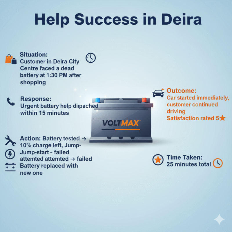“Animated-style feature image showing a successful urgent battery help case in Deira, title at top, premium battery in center, key points of the case study displayed on sides with icons.”