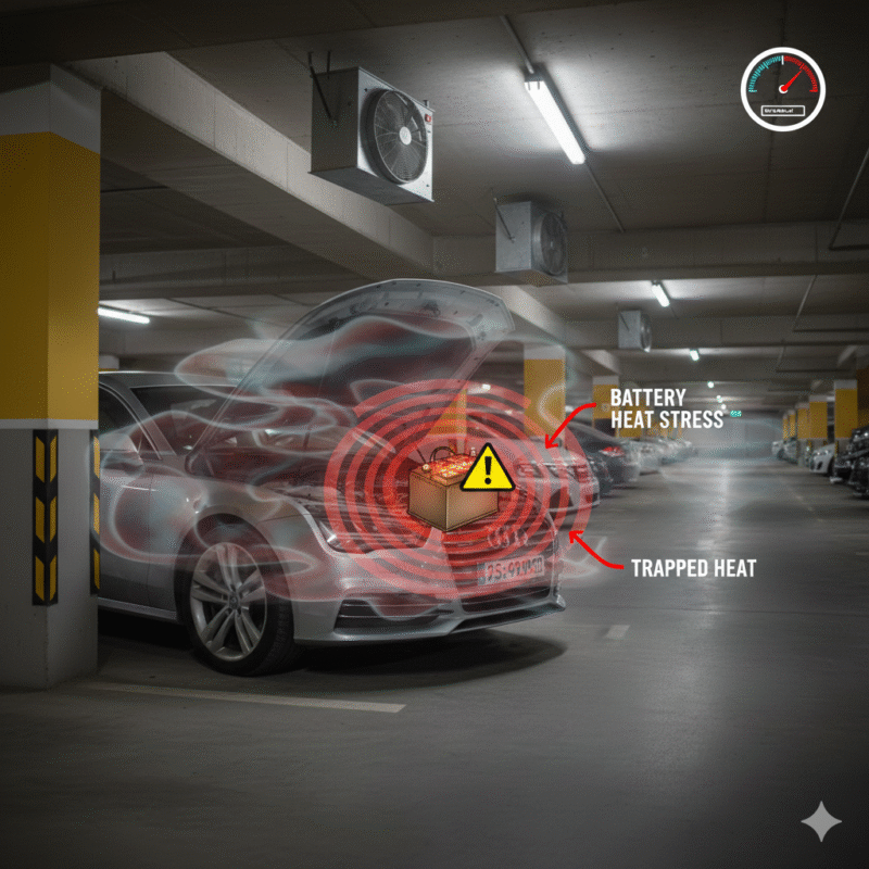Heat-Damaged Car Battery in Underground Parking Dubai Illustration showing a car battery overheating due to trapped heat in an underground Dubai parking garage.