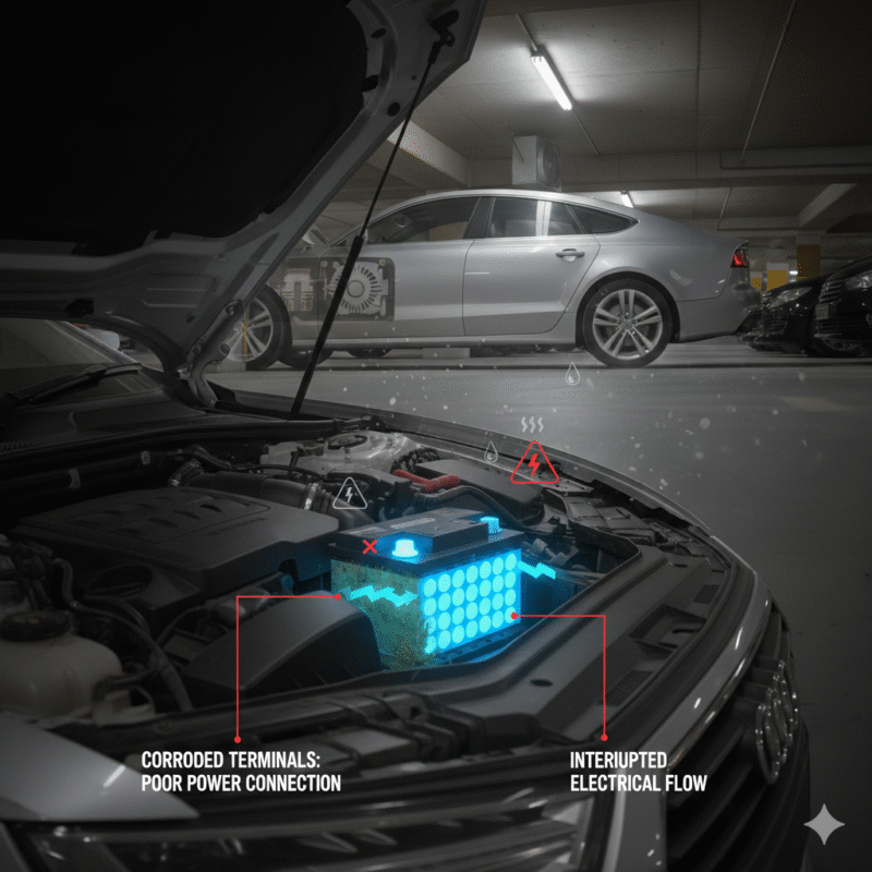 Corroded Battery Terminals in Underground Parking Dubai Illustration showing corroded car battery terminals causing electrical disruption in an underground Dubai parking garage.