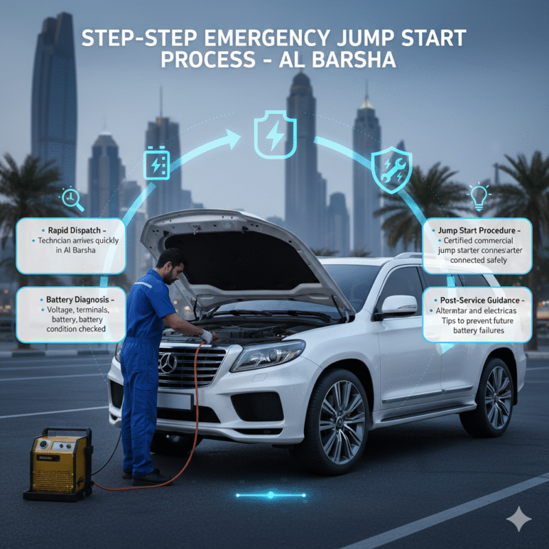 “Infographic image showing a luxury car being professionally jump-started with step-by-step emergency roadside process displayed on side panels.”