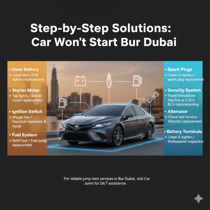 Animated infographic-style image showing a sleek car in Bur Dubai with the title “Step-by-Step Solutions: Car Won’t Start Bur Dubai” at the top. Side panels display key solution points for Dead Battery, Starter Motor, Ignition Switch, Fuel System, Spark Plugs, Security System, Alternator, and Battery Terminals. Central car highlighted with animated icons for battery, spark plugs, fuel, and tools.