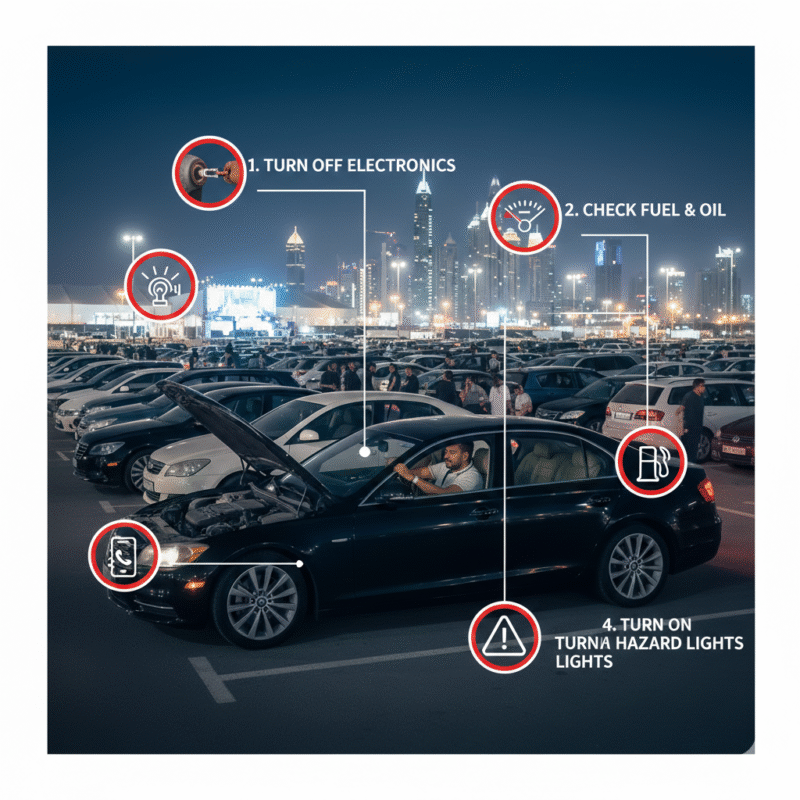 Illustration showing a driver following safety steps when car is stranded after an event in Dubai, including turning off electronics, checking fuel, and calling roadside assistance