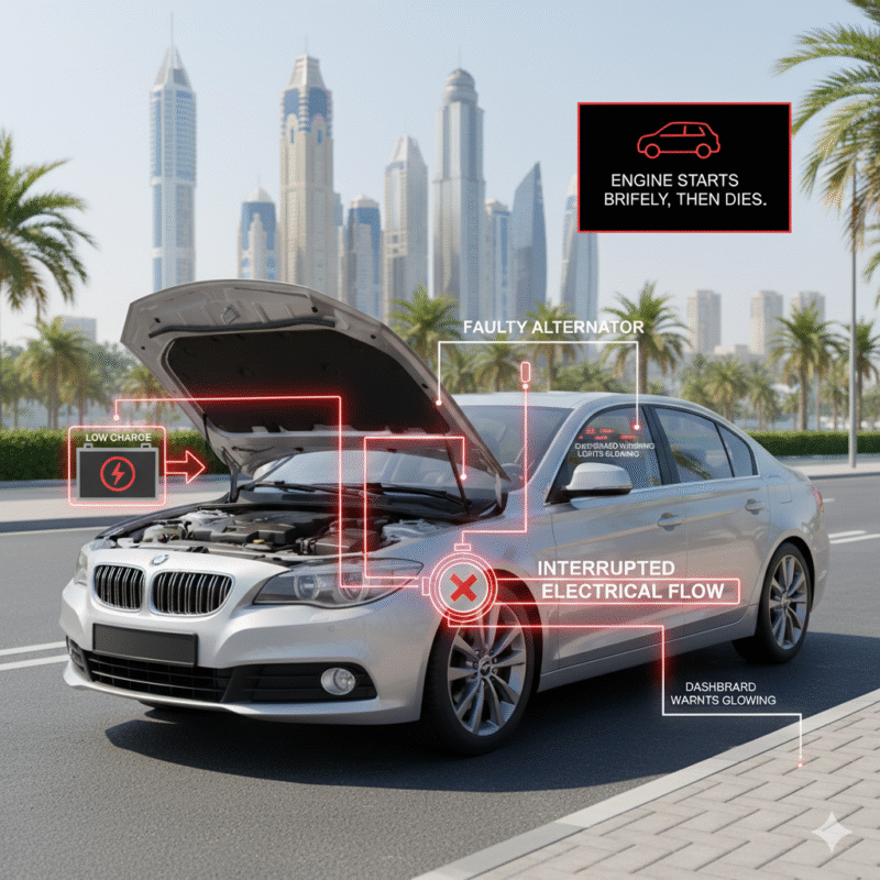 Illustration of a car’s battery not charging due to alternator failure during errands in Dubai.