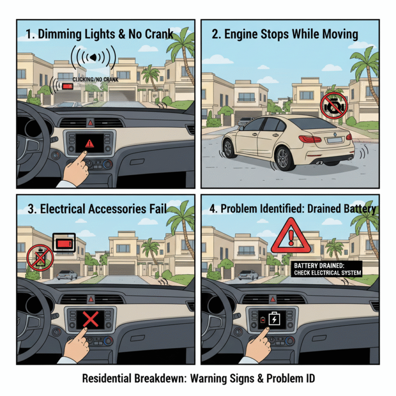 Illustration showing symptoms of a car stranded in a Dubai residential area, including dim dashboard, clicking sounds, engine stopping, and electrical accessories failing