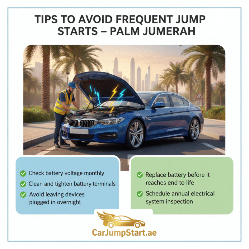 "Tips to avoid frequent car jump starts in Palm Jumeirah showing a technician checking battery and electrical system, with preventive measures displayed on sides and brand logo."