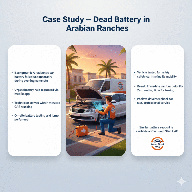 "Animated 3D illustration showing a technician performing an urgent battery jump-start on a car in Arabian Ranches, with side spaces for case study points and Car Jump Start UAE branding."