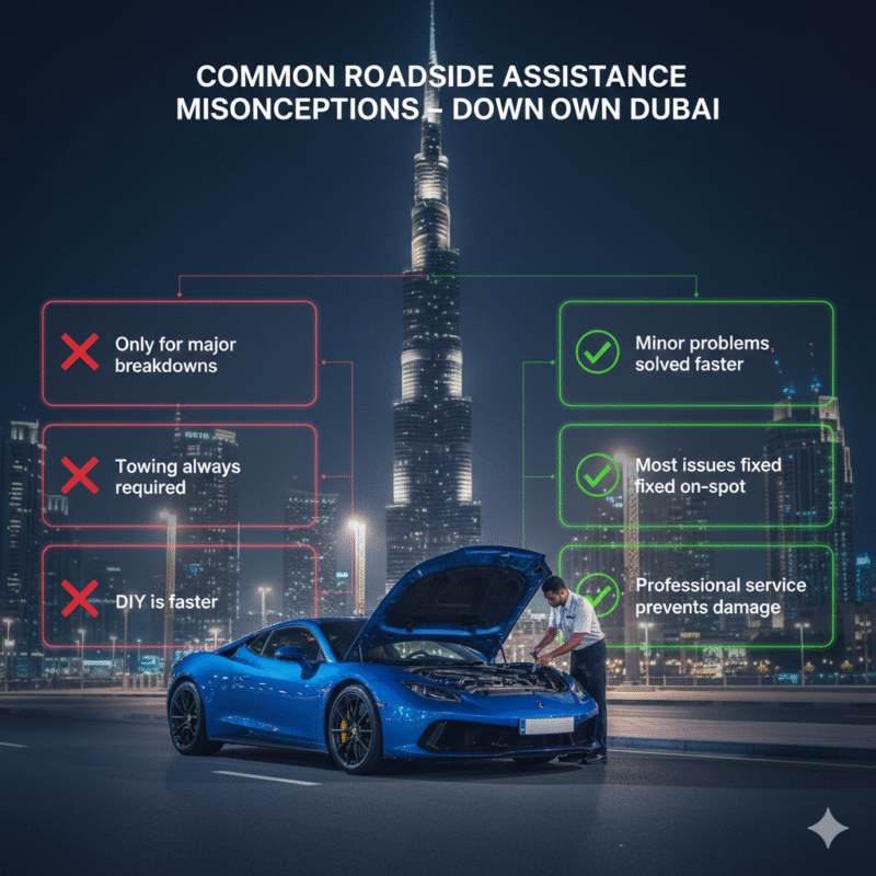 Infographic showing common myths vs truth about roadside assistance in Downtown Dubai with luxury car and technician