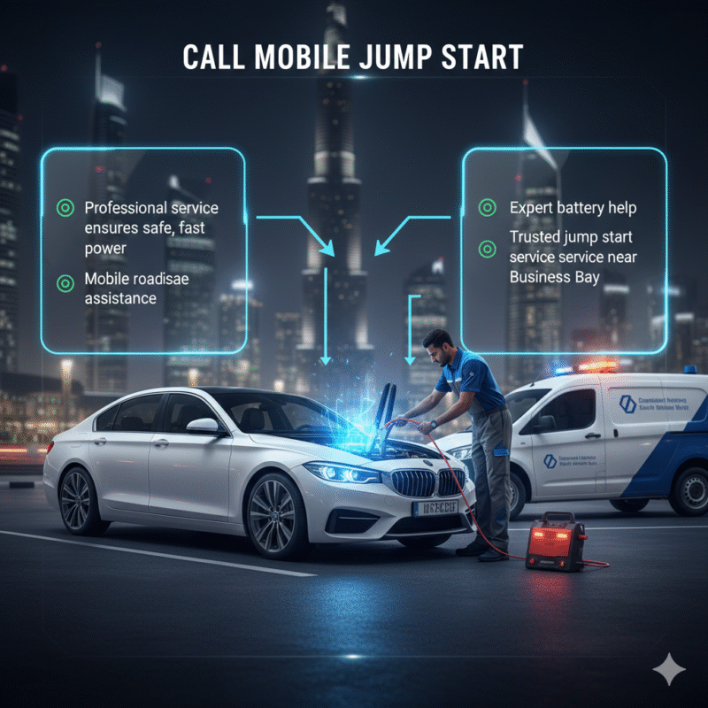 Infographic showing professional mobile jump start service in Business Bay with key benefits highlighted on sides