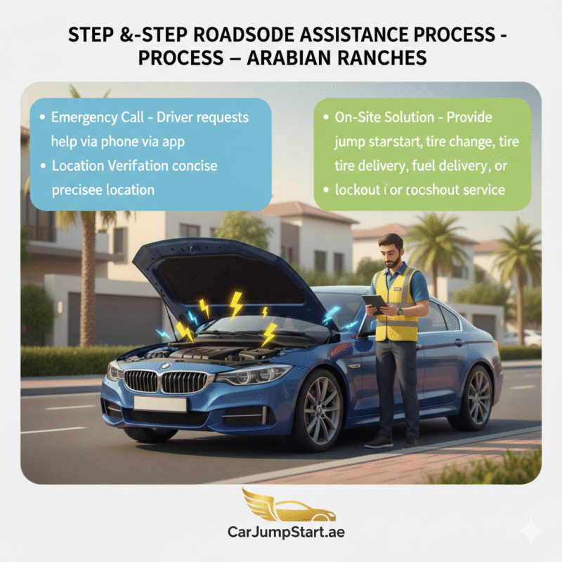 "Step-by-step roadside assistance process in Arabian Ranches showing a technician performing services with emergency call, location verification, assessment, on-site solutions, and testing steps displayed on sides and brand logo."