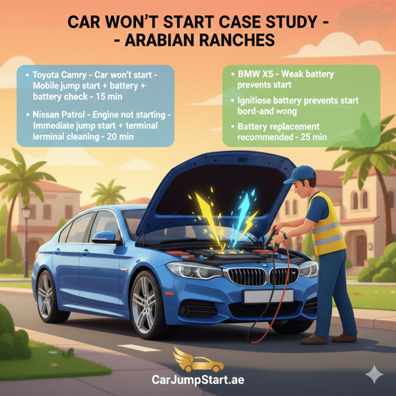 "Case study of cars that won’t start in Arabian Ranches showing vehicle model, issue, solution, and response time with a central car and brand logo."