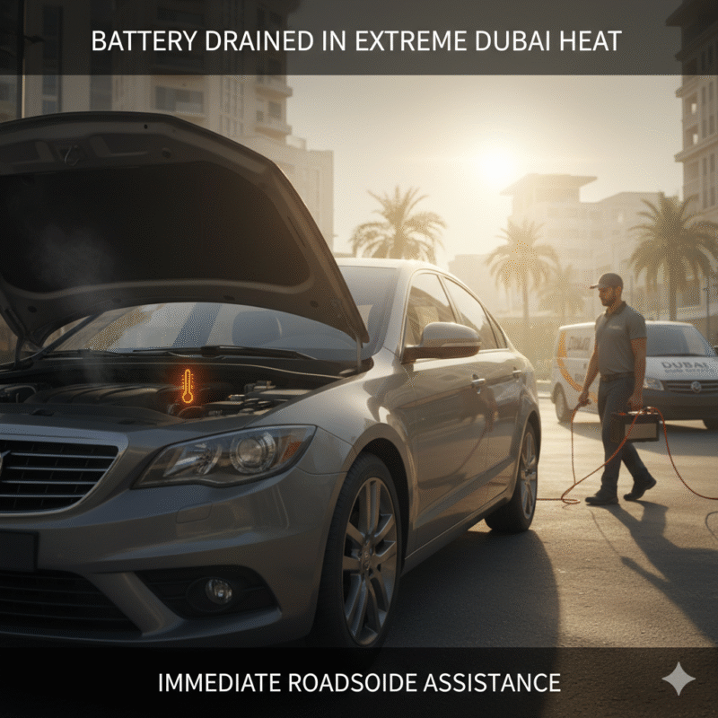 Car stranded in Dubai heat, dashboard dim, driver concerned, roadside technician with jumper cables, illustrating battery drained in hot weather Dubai.