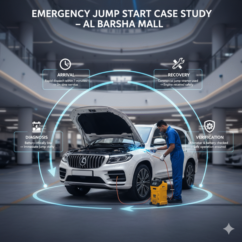 “Luxury SUV being professionally jump-started in a mall parking area with infographic case study stages displayed on side panels.”