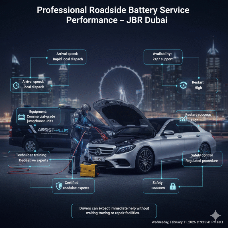 Infographic showing professional roadside battery service performance factors in JBR Dubai with central technician scene and animated side panels
