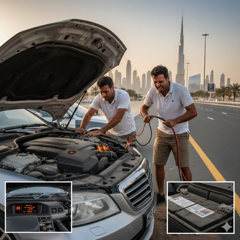 Dubai car jumpstart failure showing dead battery weak donor cables corrosion and alternator issue