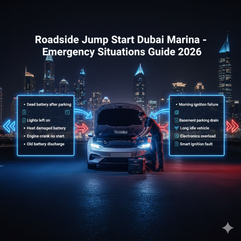 Emergency roadside jump start situations in Dubai Marina showing dead battery car and professional technician assistance infographic