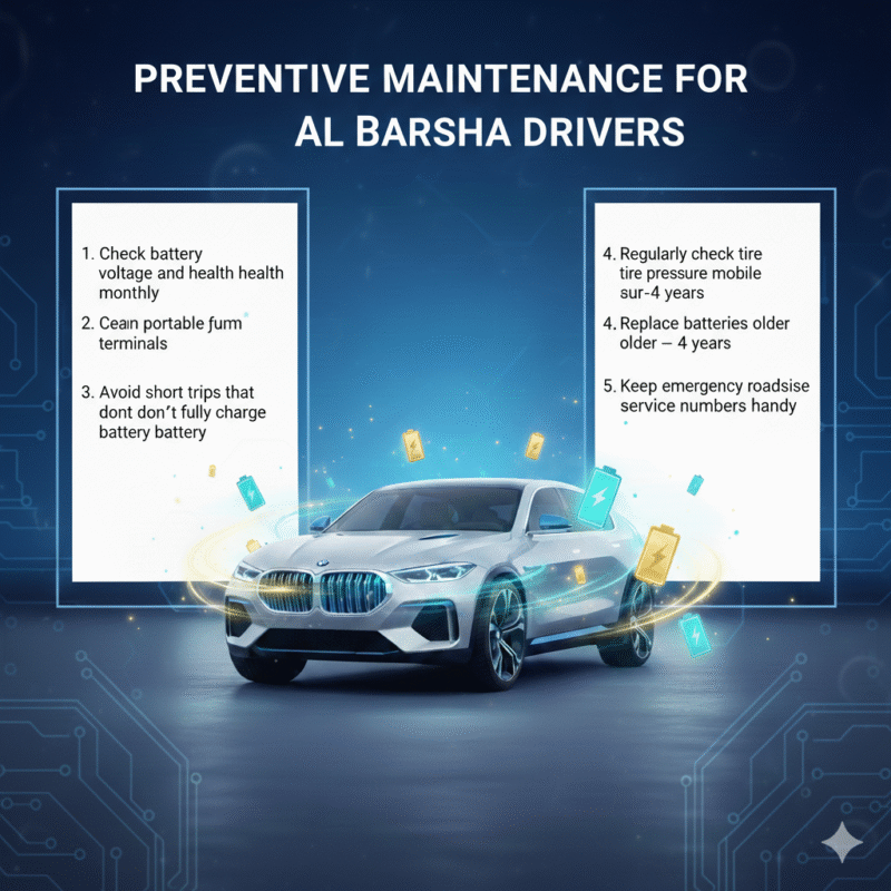Feature image showing 'Preventive Maintenance for Al Barsha Drivers' title at the top, luxury car in the center with glowing battery or service symbols, and maintenance tips displayed on the left and right sides.