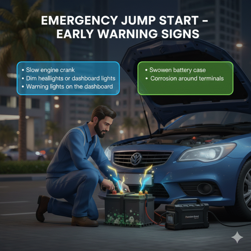 Animated-style illustration of a professional technician inspecting a car battery in International City Dubai. Title "Emergency Jump Start – Early Warning Signs" at the top. Key early warning signs displayed on sides in bullet points.