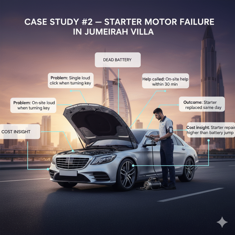 Case study of starter motor failure in Jumeirah villa with roadside technician repairing luxury car