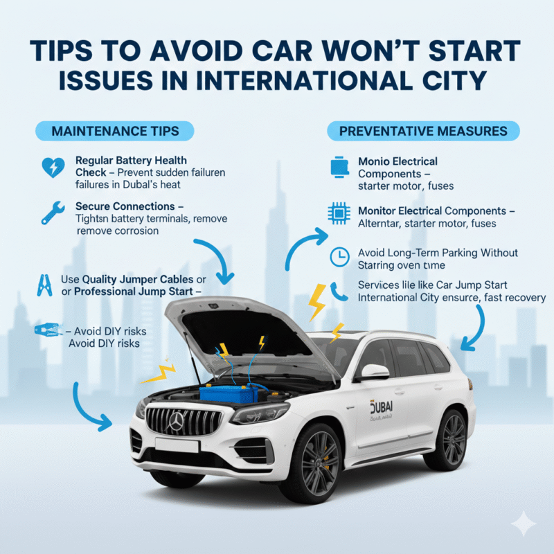 "Infographic-style user guide showing a luxury car with hood open and tips to avoid 'Car Won’t Start International City' issues displayed on sides in animated bullet points."