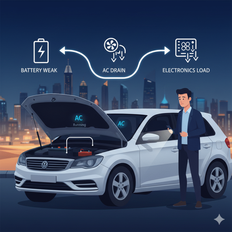 Illustration of a car battery drained after AC use in Dubai with dashboard lights dim and driver checking battery
