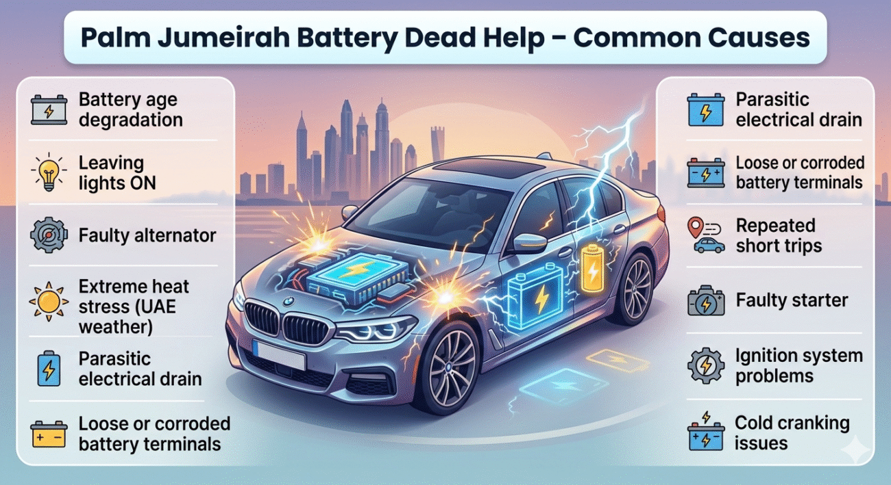 “Infographic-style feature image showing common causes of car battery failure in Palm Jumeirah, with animated vehicle in center, title at top, and key points on sides.”