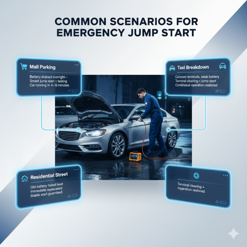 Visual infographic showing real-life common scenarios of emergency jump start in Deira, with scenarios highlighted on sides and a central technician performing roadside battery service.