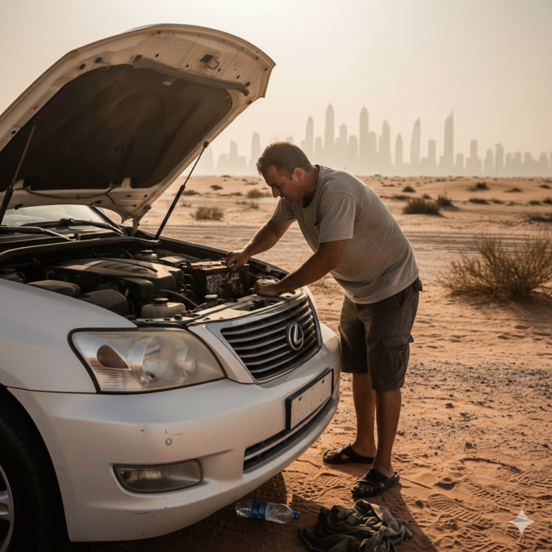 Car battery died in desert heat Dubai roadside emergency scene