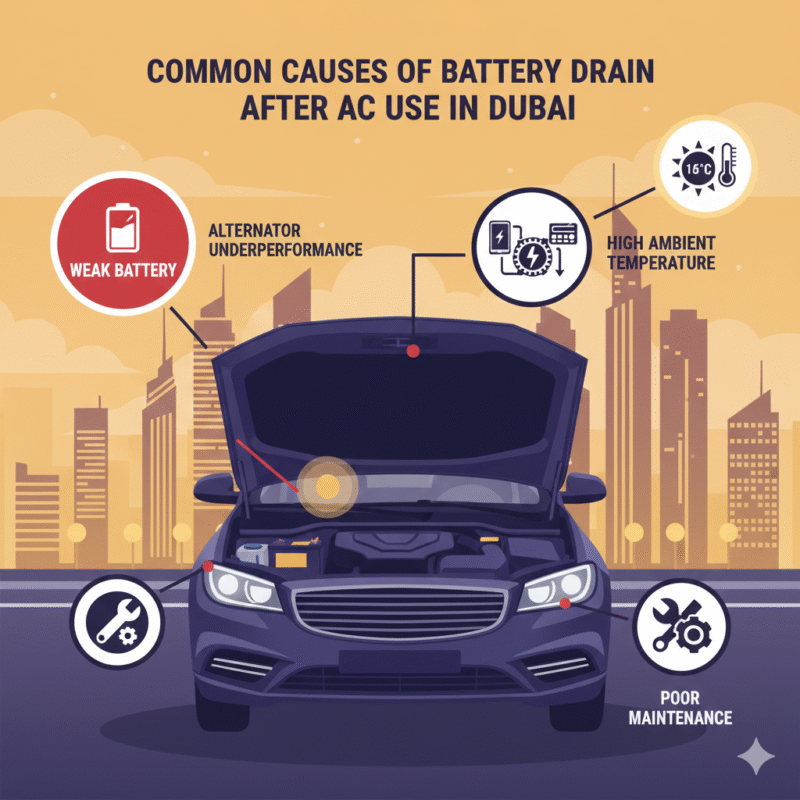 Illustration of a car battery with icons highlighting causes of drain from AC use in Dubai, including weak battery, alternator, electronics, heat, and poor maintenance