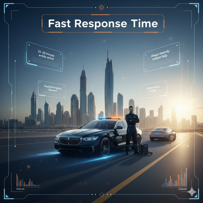 Fast roadside assistance vehicle arriving quickly in Dubai Marina