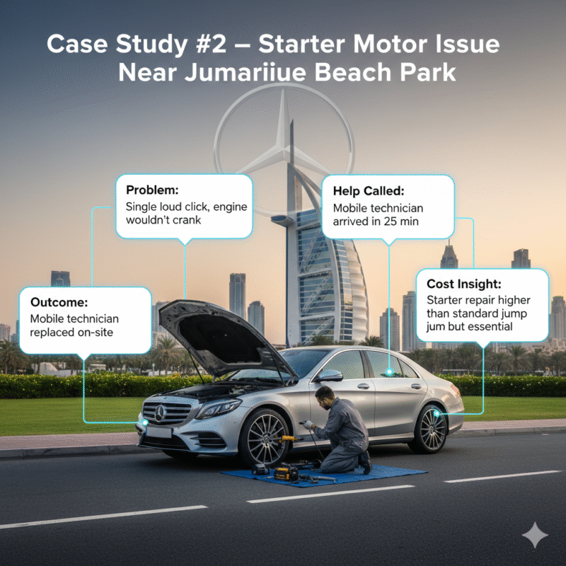 Luxury car stalled near Jumeirah Beach Park with mobile technician replacing starter motor, infographic showing case study details including problem, help response, outcome, and cost insight