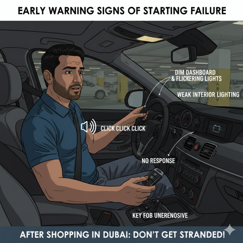 Dim dashboard lights and clicking ignition in Dubai mall parking, early signs car won’t start after shopping, driver holding remote key.