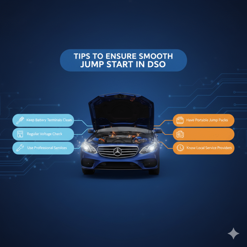 Professional infographic image titled “Tips to Ensure Smooth Jump Start in DSO” with bullet-point tips on both sides and a high-end branded car in the center connected by animated arrows and icons.