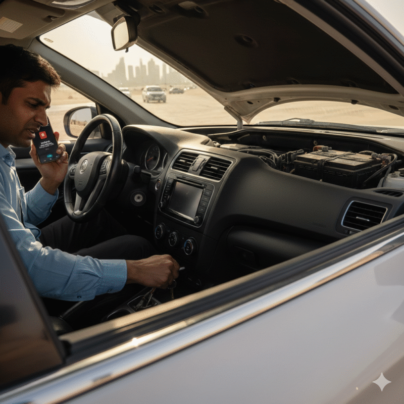 Car stranded on Dubai road in hot afternoon, engine won’t crank, dashboard flickering, driver calling roadside assistance