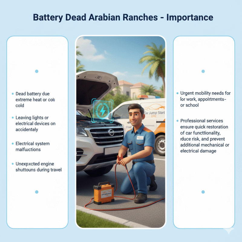 "Animated 3D illustration showing a technician jump-starting a car in Arabian Ranches, with side spaces for key points and Car Jump Start UAE branding."