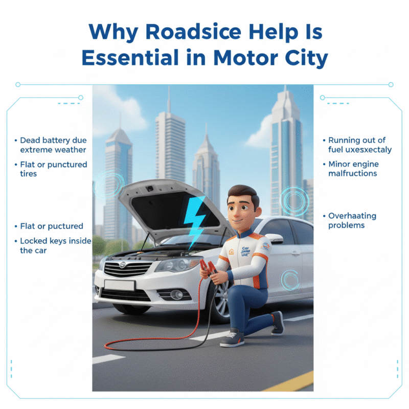 "Animated 3D illustration of a roadside assistance technician jump-starting a car in Motor City, with side spaces for key points from the user guide."