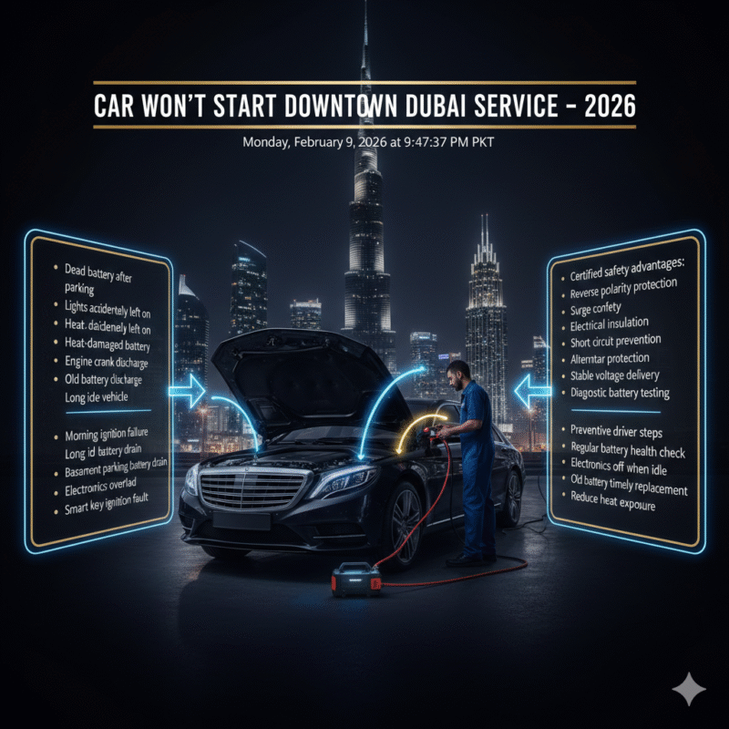 Professional emergency car won’t start service in Downtown Dubai illustrated with luxury car, certified technician, and infographic points