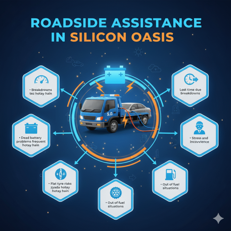 Animated infographic showing "Roadside Assistance in Silicon Oasis" with central brand image and key problems like breakdowns, dead batteries, and flat tyres displayed on sides.