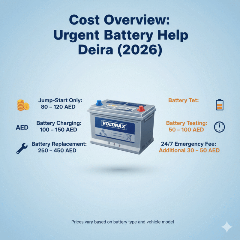 “Animated-style feature image showing cost overview for urgent battery help in Deira (2026), title on top, sleek battery in center, service costs displayed on sides with icons.”