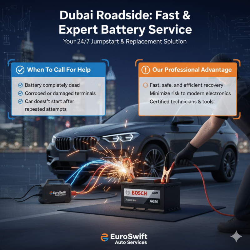 “User guide illustration showing the title at the top, key points displayed on the sides, and a central animated car and battery scene with a professional brand logo.”