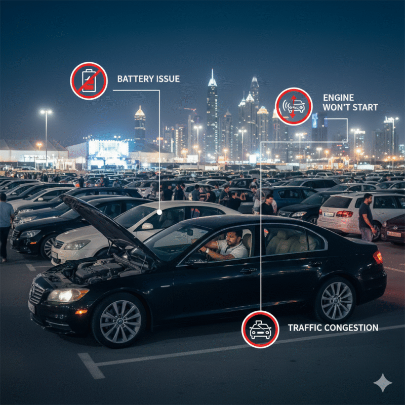 Illustration of a car stranded after a Dubai event with driver checking battery and engine in a crowded parking lot at night