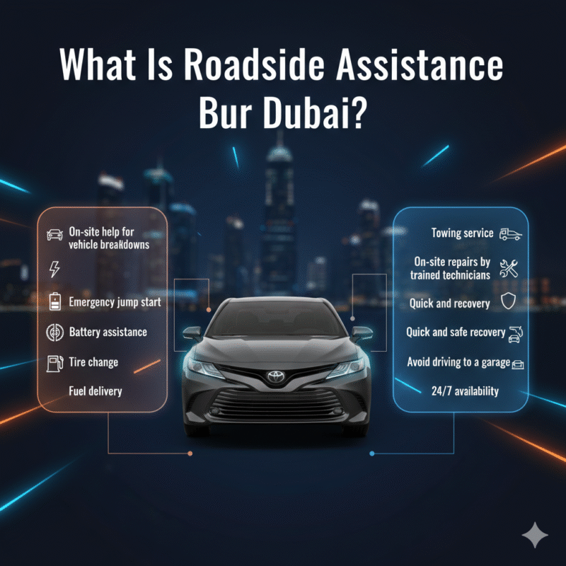 “Animated-style feature image showing what roadside assistance in Bur Dubai is, title on top, central premium car or battery image, key points displayed on sides with icons.”