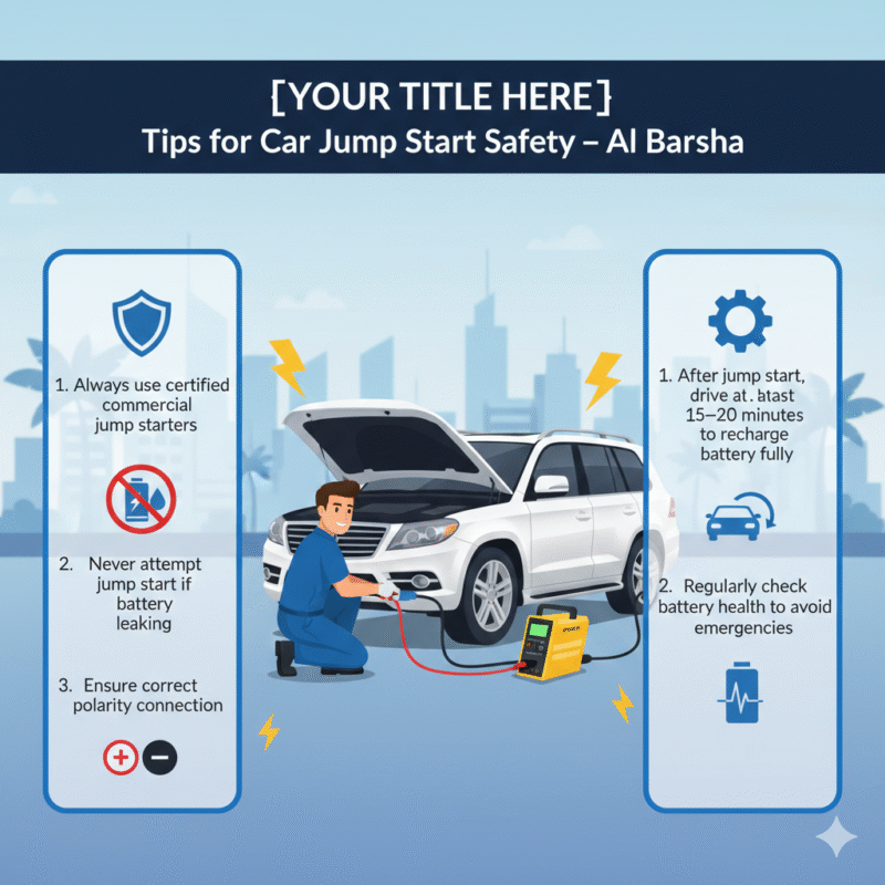 “Animated infographic-style feature image showing a luxury car in Al Barsha being safely jump-started by a technician, with side panels displaying key safety tips and a dynamic title on top.”