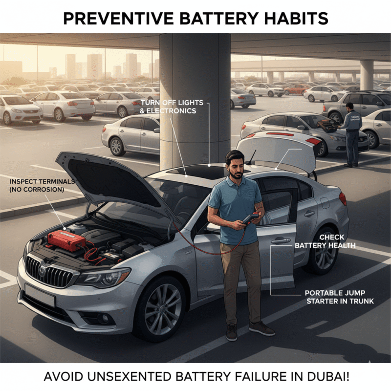 Driver turning off car lights, checking battery, parking in shade, jump starter in trunk, inspecting terminals, preventive steps for battery failed unexpectedly Dubai.