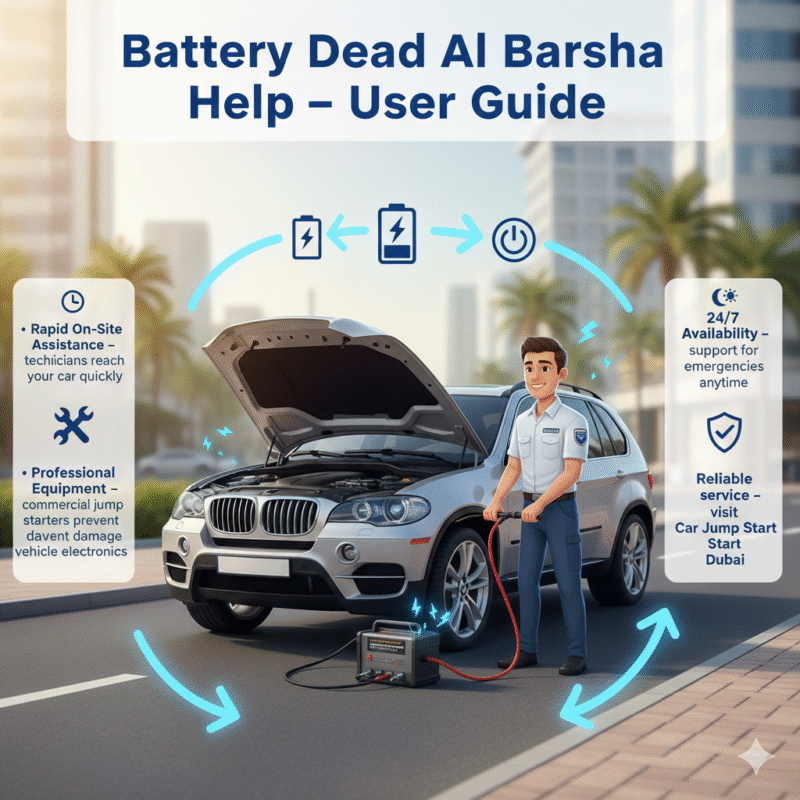“Animated infographic-style feature image showing a luxury car in Al Barsha being professionally jump-started by a certified technician, with side panels displaying key features of battery dead Al Barsha help and a dynamic title on top.”
